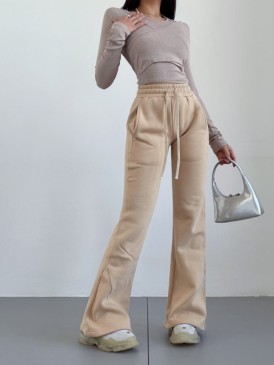 High Waist Flared Plush Sweatpants Women Elastic Casual Comfortable Winter Fashion Pants