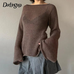 Vintage Flare Sleeve Knitted Backless Tie Up Back Sweater for Women Loose Y2K Aesthetic Pullover Sweater
