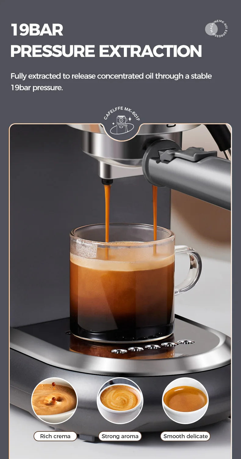 Espresso machine with 19bar pressure extraction feature, pouring coffee into a glass cup.