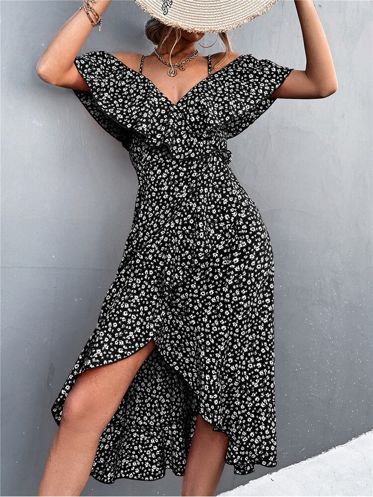 Elegant Floral Print Midi Dress for Women Summer Sexy Backless Ruffle with Slit Off Shoulder Irregular Hem Dress