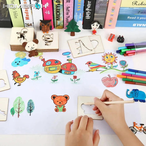 Drawing Stencil Template Kids Wooden Montessori 20pcs DIY Painting Educational Learning Toy Gift