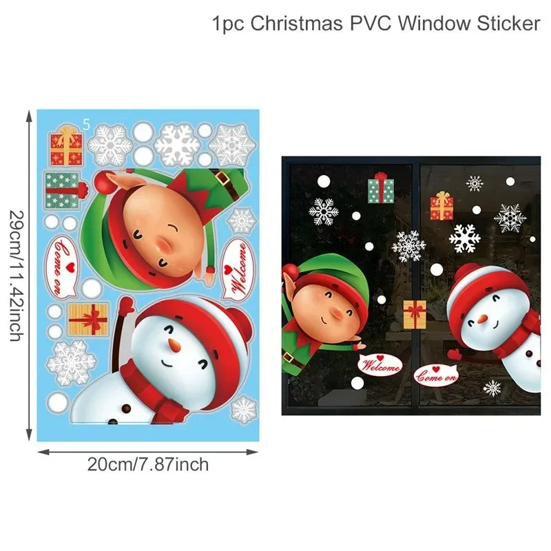 Christmas-themed PVC window stickers with elves and snowmen on a blue sheet and applied to a window.