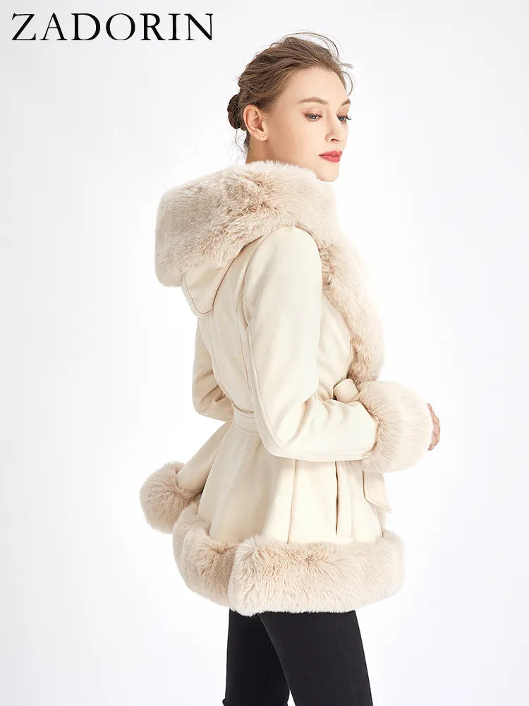 Women's Faux Fur Coat Faux Suede Furry Hood Quality Vegan Fur Coat With Belt Thick Warm Fur Cardigan Jacket