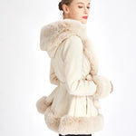 Women's Faux Fur Coat Faux Suede Furry Hood Quality Vegan Fur Coat With Belt Thick Warm Fur Cardigan Jacket