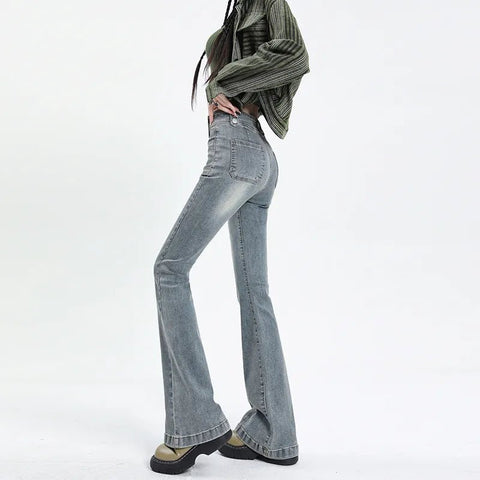 High Waist Flare Jeans Women Vintage Slim Stretchy Denim Tight Casual Trousers Fashion