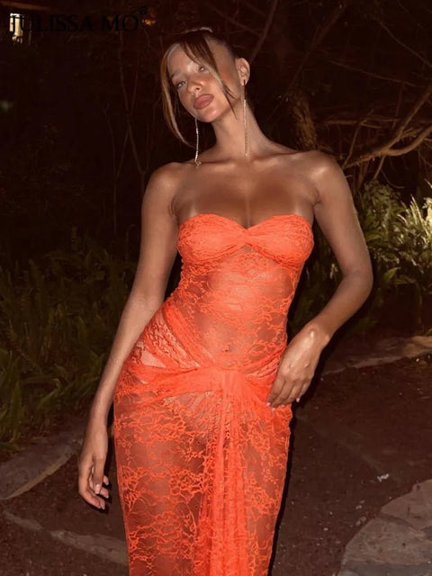 Maxi Dress Women Strapless Backless Lace Hollow Out Mesh Ruched Off-Shoulder Sheer Summer Party Dress