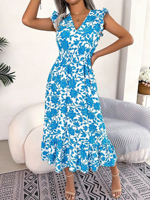 Midi Dress Women Floral Print Sleeveless Ruffle V-Neck Casual Holiday Beach Spring Summer Dress