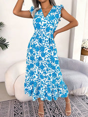 Spring / Summer Floral Print Midi Dress Casual Sleeveless Ruffles Holiday Beach Dress New Fashion V-Neck Dresses