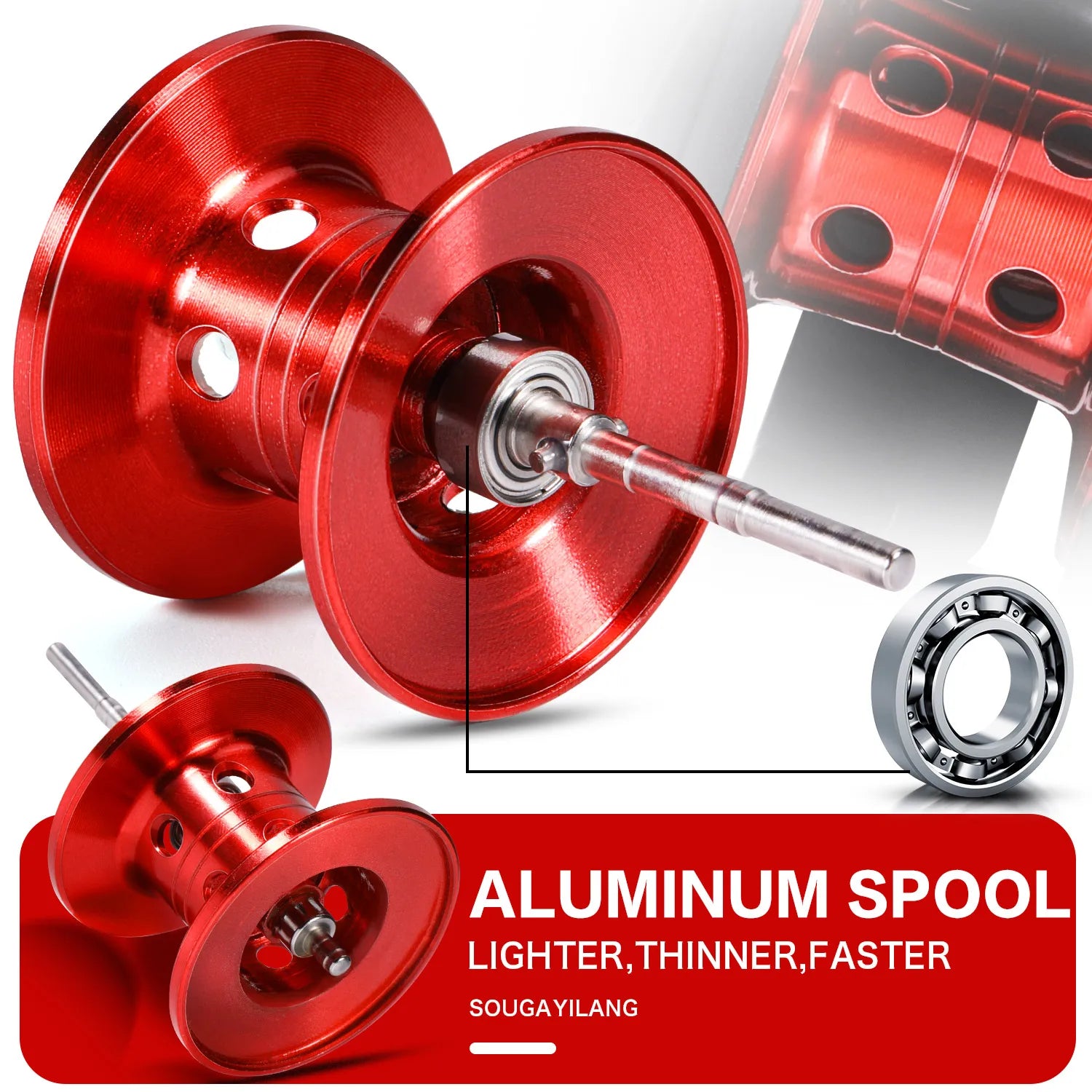 Red aluminum spool with bearings on a white background, featuring the brand 'Sougayilang'.