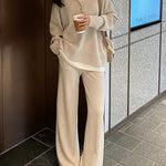 Warm Casual Knitted Pant Set Women's Long Sleeve Pullover & Elastic Waist Wide Leg Pants Sweater Set