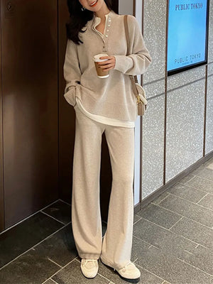 Warm Casual Knitted Pant Set Women's Long Sleeve Pullover & Elastic Waist Wide Leg Pants Sweater Set