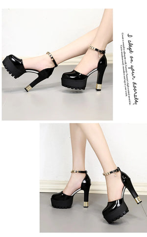 Stylish Women's Platform High Heels – Chunky Heel, Ankle Strap, Patent Leather Pumps