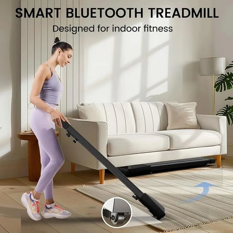 Woman using a smart Bluetooth treadmill in a living room setting