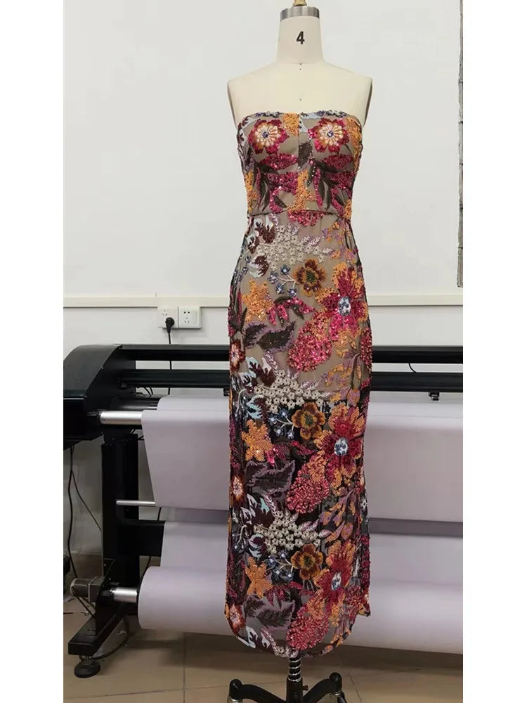 Sexy Sleeveless New Fashion High Quality Flower Embroidered Sequin Dress Long Bodycon Gown Elegant Evening Party Wedding Party Dress