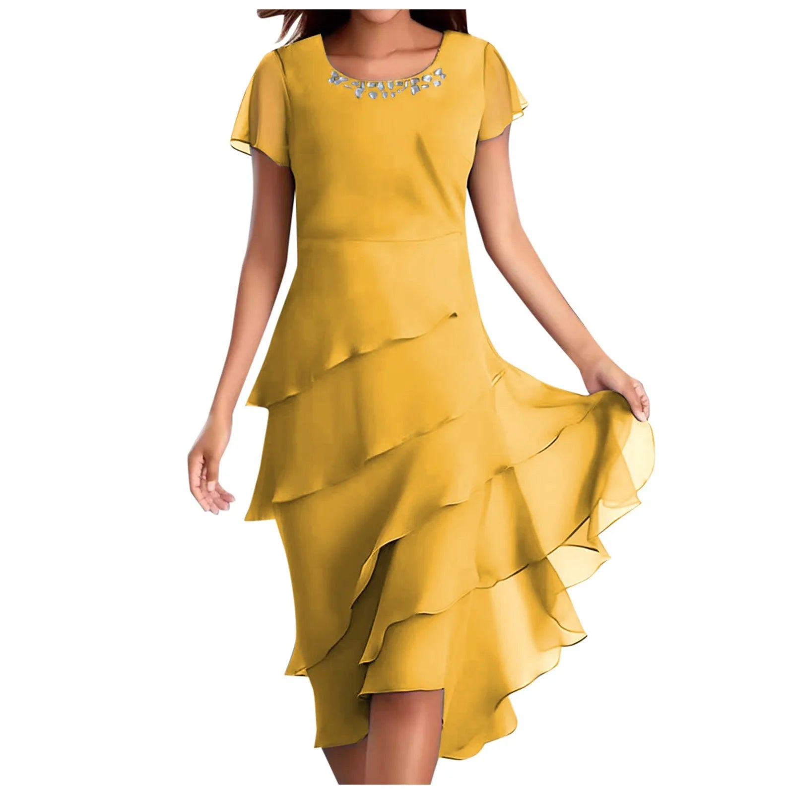 Elegant Layered Chiffon Midi Dress – Flowy Asymmetrical Ruffle Hem Cocktail Dress - Plus Sizes