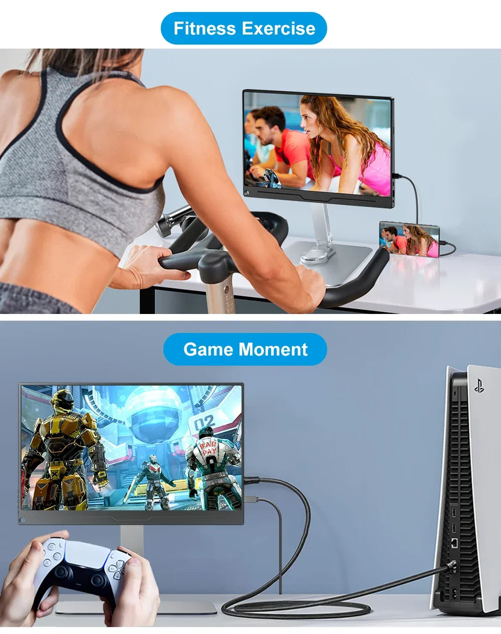 Two scenes showing a person exercising and playing a video game on a TV screen.