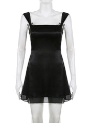 Women's 2- Layer Y2K Mini Dresses Black Coquette Goth Kawaii Square Collar A Line Dress