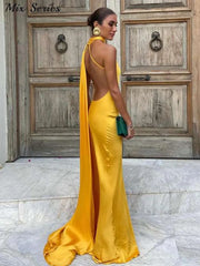 Sexy Satin Ribbon Halter Maxi Party Dress Elegant Backless One Shoulder Sleeveless Dress with Train