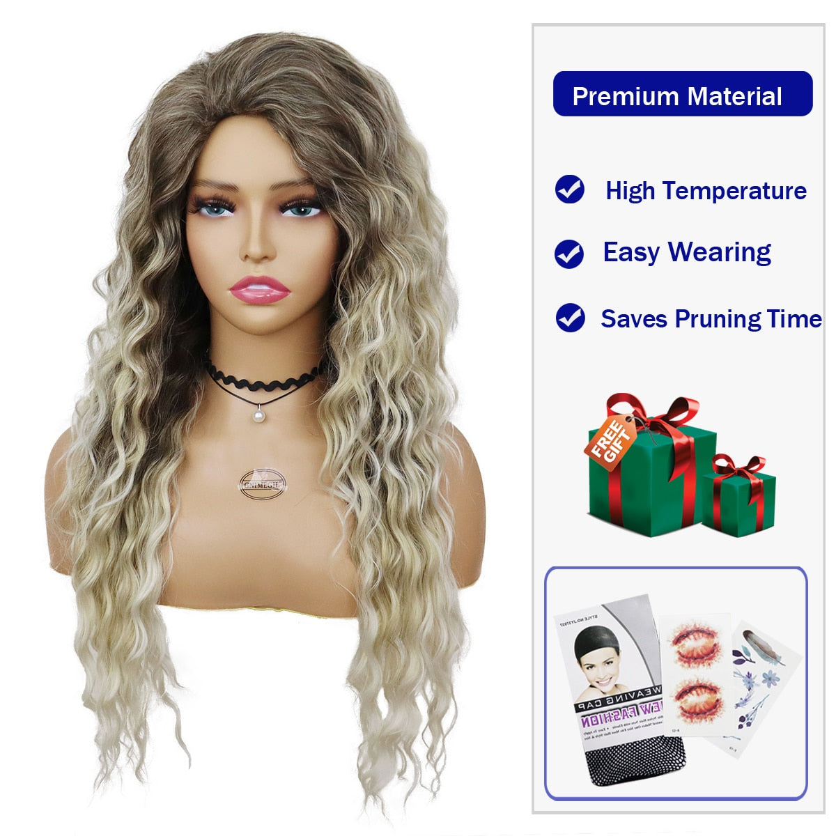 Women's Ash Blonde Wig Synthetic Long Wavy Curly 80's Wigs Fluffy Wave Synthetic Wigs for Costume Halloween