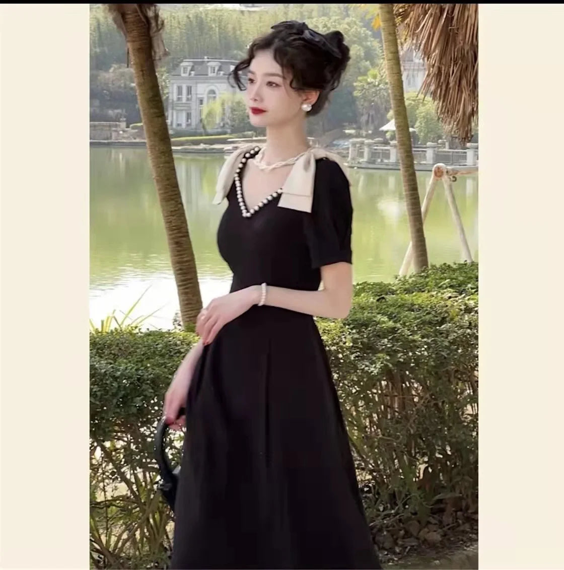 New Fashion Elegant Black Midi Dress Office Party Vintage A-Line V-Neck Pearl Detail Long Dress