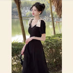 New Fashion Elegant Black Midi Dress Office Party Vintage A-Line V-Neck Pearl Detail Long Dress