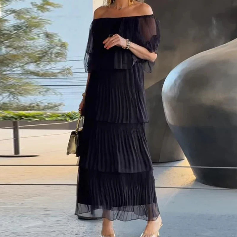 Slash Neck Off Shoulder Pleated Long Dress Spring Summer Elegant Ruffle Plus Size Party Dress Butterfly Sleeve Maxi Dress