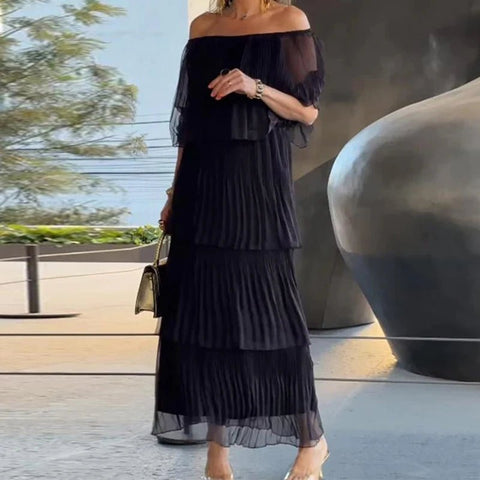 Maxi Dress Women Slash Neck Off Shoulder Butterfly Sleeve Pleated Ruffle Plus Size Elegant Party Dress