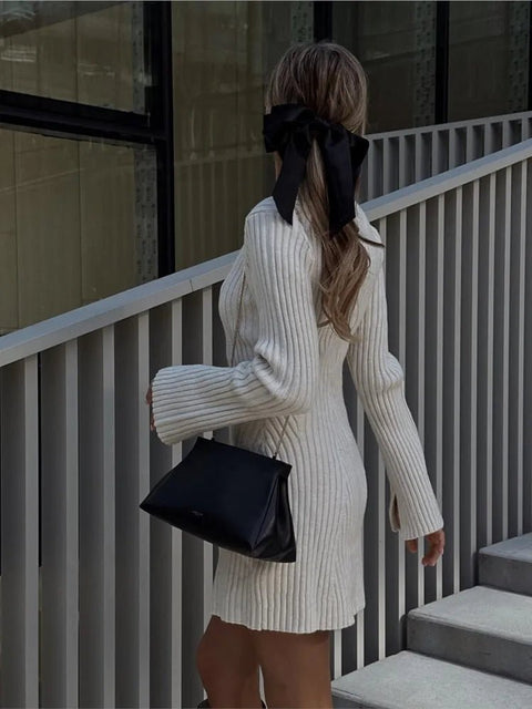 Mini Dress Women Ribbed Knit O-Neck Long Sleeve Slim Fit Chic Party Clubwear Autumn Winter Dress