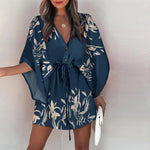 Women's Tropical Print Dress V Neck Batwing Sleeve Tie Mini Dress Beachwear