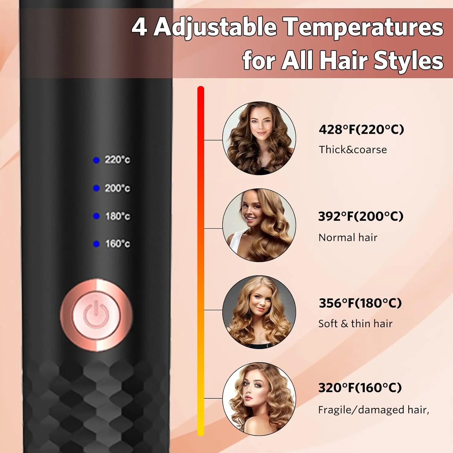 Hair styling tool with adjustable temperature settings for different hair types on a pink background.