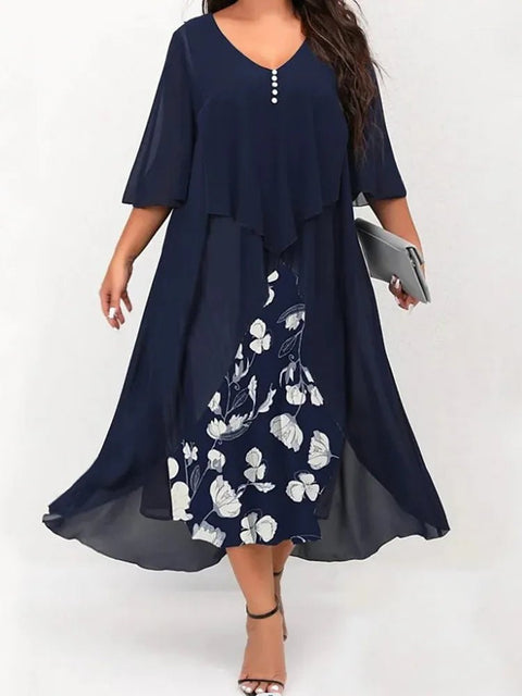 Plus Size Midi Dress Women V-Neck Floral Print Patchwork Faux 2-Piece Prom Wedding Evening Fashion