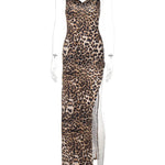 Leopard Print Chain Straps Side Slit Maxi Dress Backless Bodycon Sexy Party Chic Dress