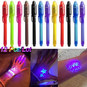 Invisible Ink Pen 12-PCS Different Colors, Spy Pen with UV Light, Magic Marker for Secret Message, Treasure Box Prizes, Kids Party Favors, Toys Gift