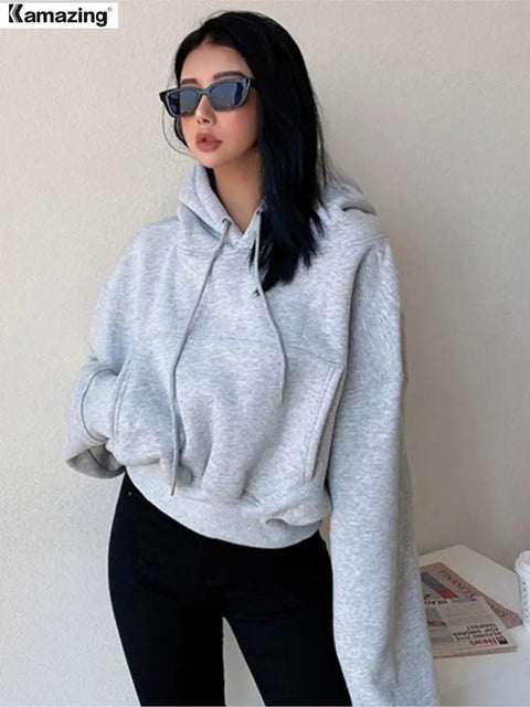 Hoodie Women Solid Fleece Long Sleeve Cropped Oversized Comfy Streetwear Pullover Casual Fashion