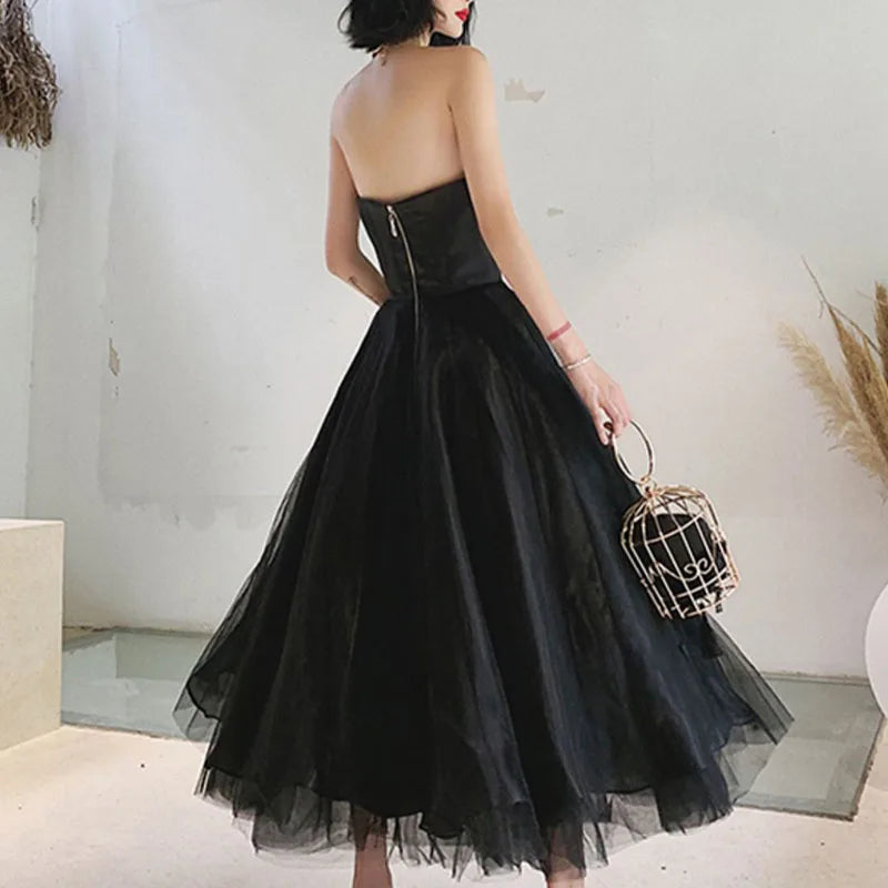 Elegant Strapless Black Tulle Midi Dress Prom Gown