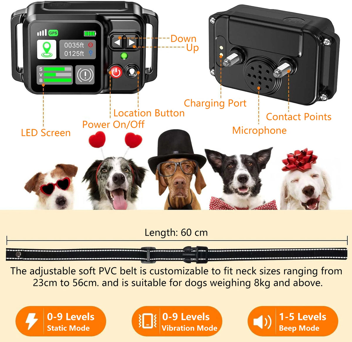 Dog training device with labeled parts and features, including dogs wearing accessories.