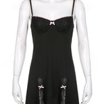 Y2K Retro Lace Patchwork Mini Dress Strap Bow Black & Pink Colors Club Party Sexy Dress