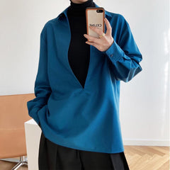 Women's French V-Neck Front Cut Tunic Blouse Deep Front Cut Top Without Buttons
