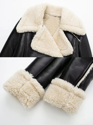 Women's Fashion Double Sided Short Jacket Warm Thick Fur Lapel Chic Faux Leather Coat Vintage Jacket