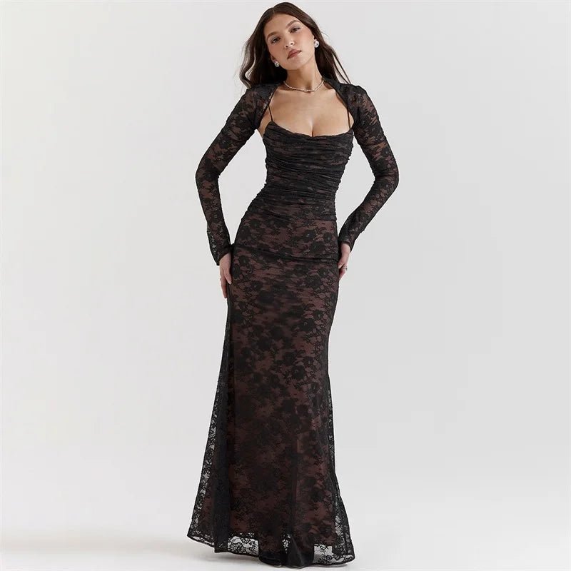 Black lace evening gown on a white background