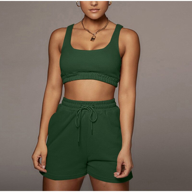 Yoga Fitness Vest Shorts 2-piece Set Workout Crop Top & Shorts for Women