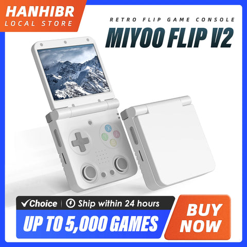 Retro flip game console MIYOO FLIP V2 with promotional text on a white background