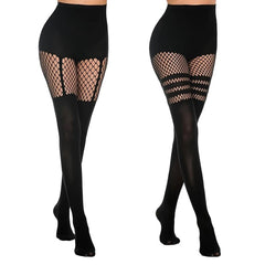 Black fishnet stockings with mesh panels on a white background