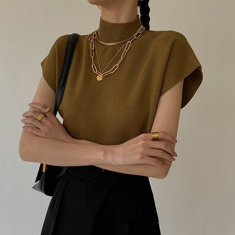 Stand-Up Collar Knit Top Women Elegant Loose Casual Everyday Winter Fashion