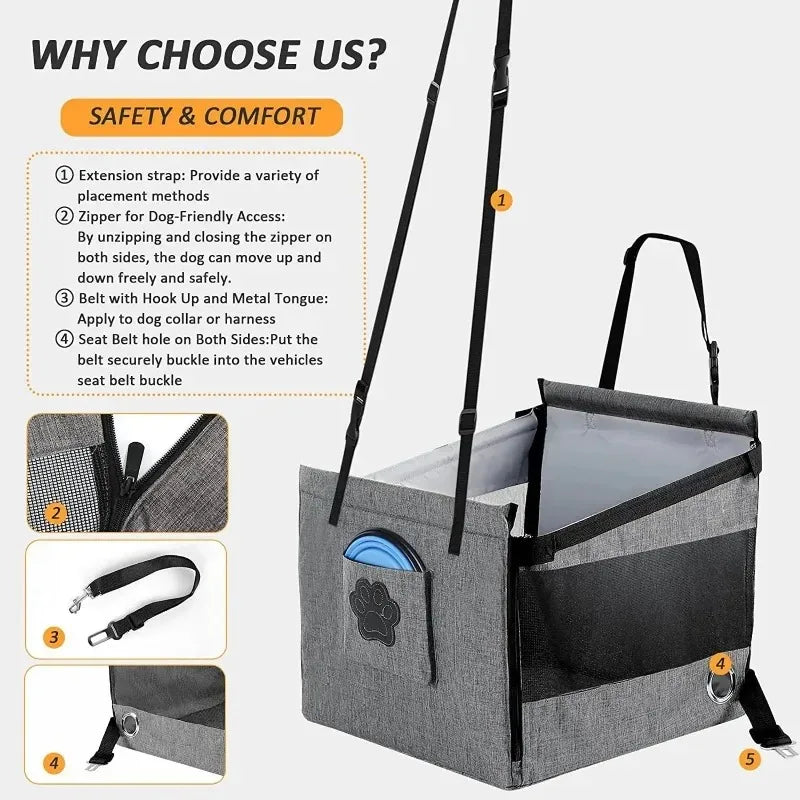 Pet car seat carrier with safety features and usage instructions on a white background
