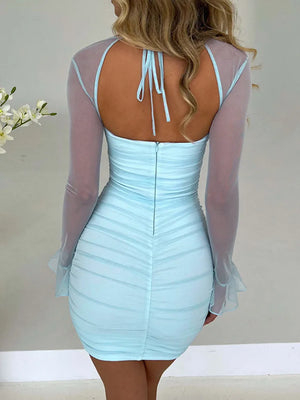 Elegant Backless Sexy Mini Dress For Women Two Layer Mesh Full Sleeve Zipper Bodycon Club Party Short Dress