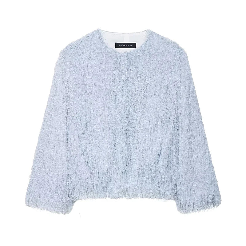 Light blue textured cardigan on a white background