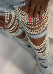 Women's Straight Distressed Jeans  Holes Pearls Diamond Rhinestones Solid High Waist Cotton High Street Denim Pants