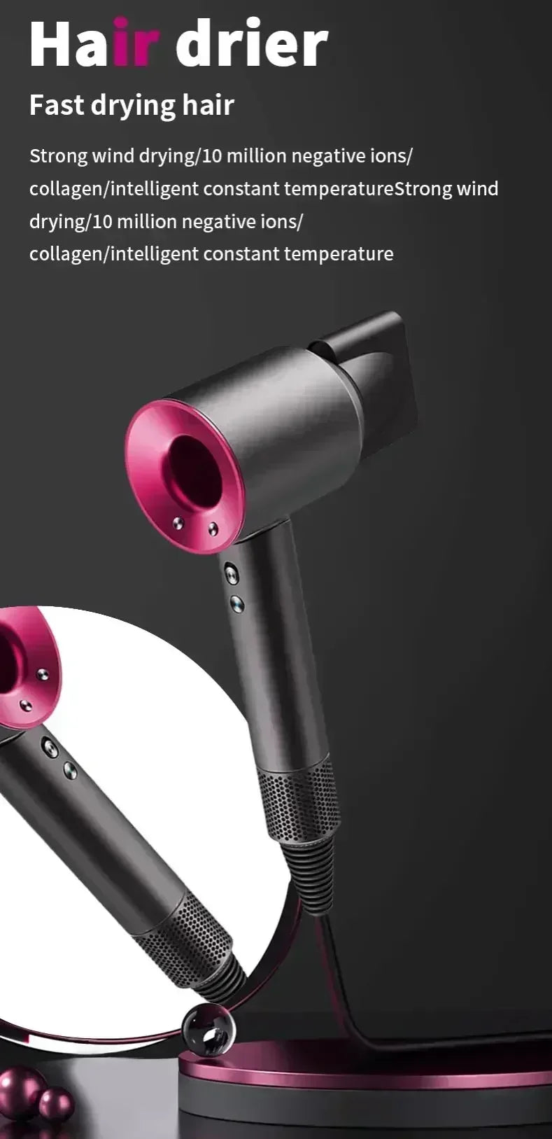 Hair dryer with pink accents on a dark background