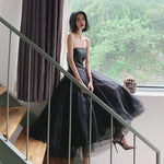 Elegant Strapless Black Tulle Midi Dress Prom Gown